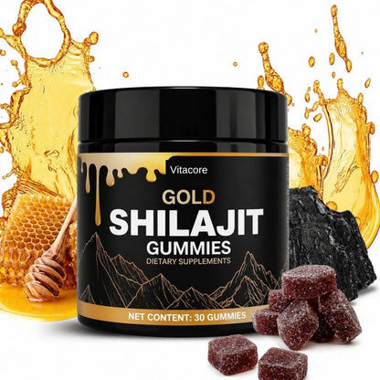 Vitacore Gold Shilajit Gummies jar with Manuka honey